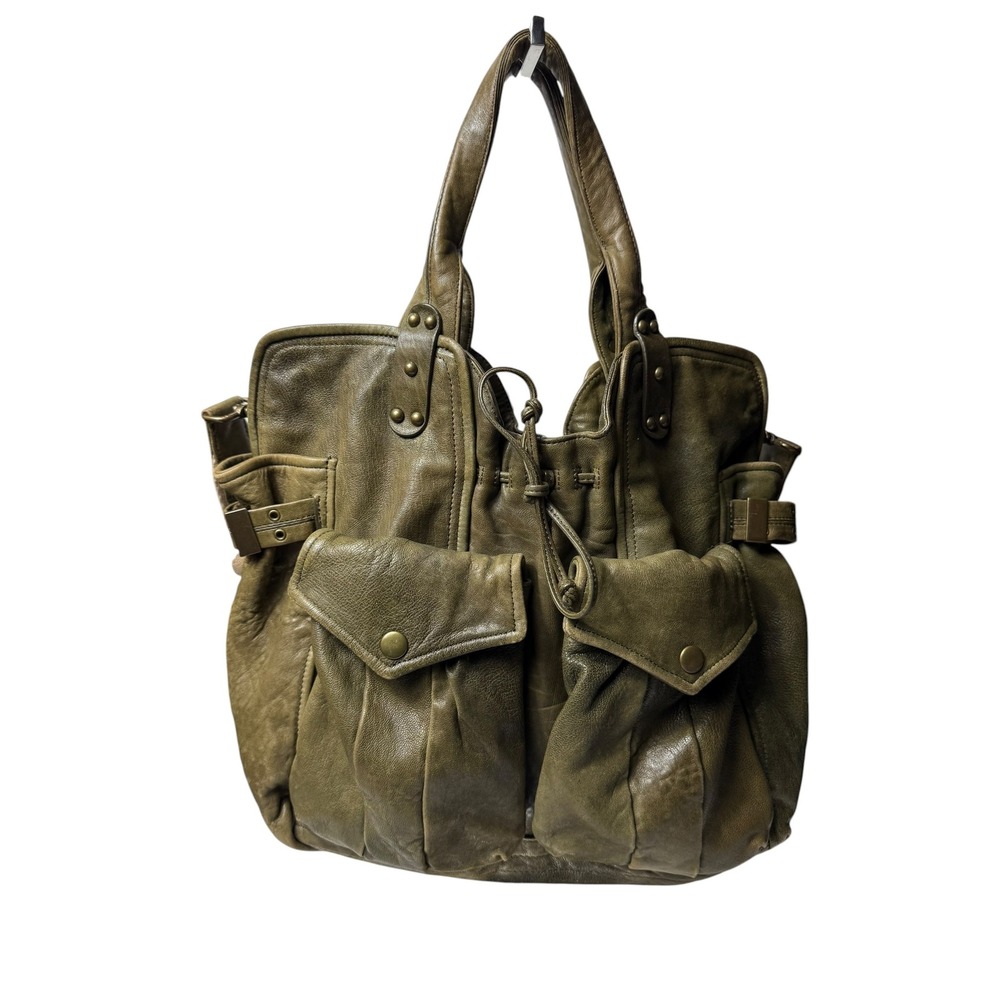 Kooba Vintage Leather Utility Shoulder Bag Multi Pocket Olive Green Large